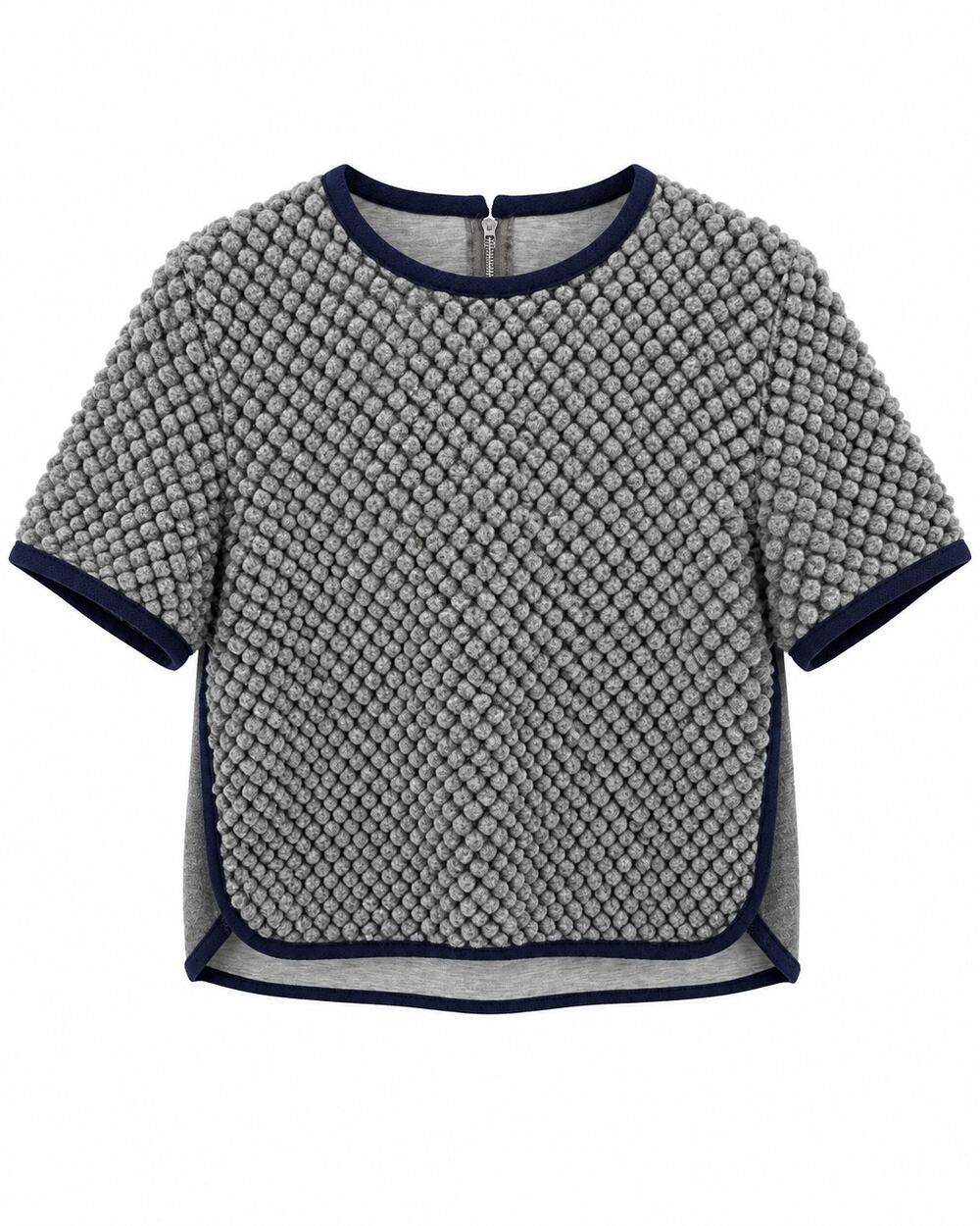 Gracia Wool Blend Textured Bubble Knit Gray Navy Boxy Top Womens Large
